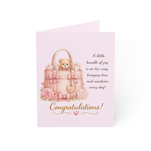 Baby Shower Greeting Cards — Pink Teddy 'Congratulations!' Card (Pack of 1/10/30/50)
