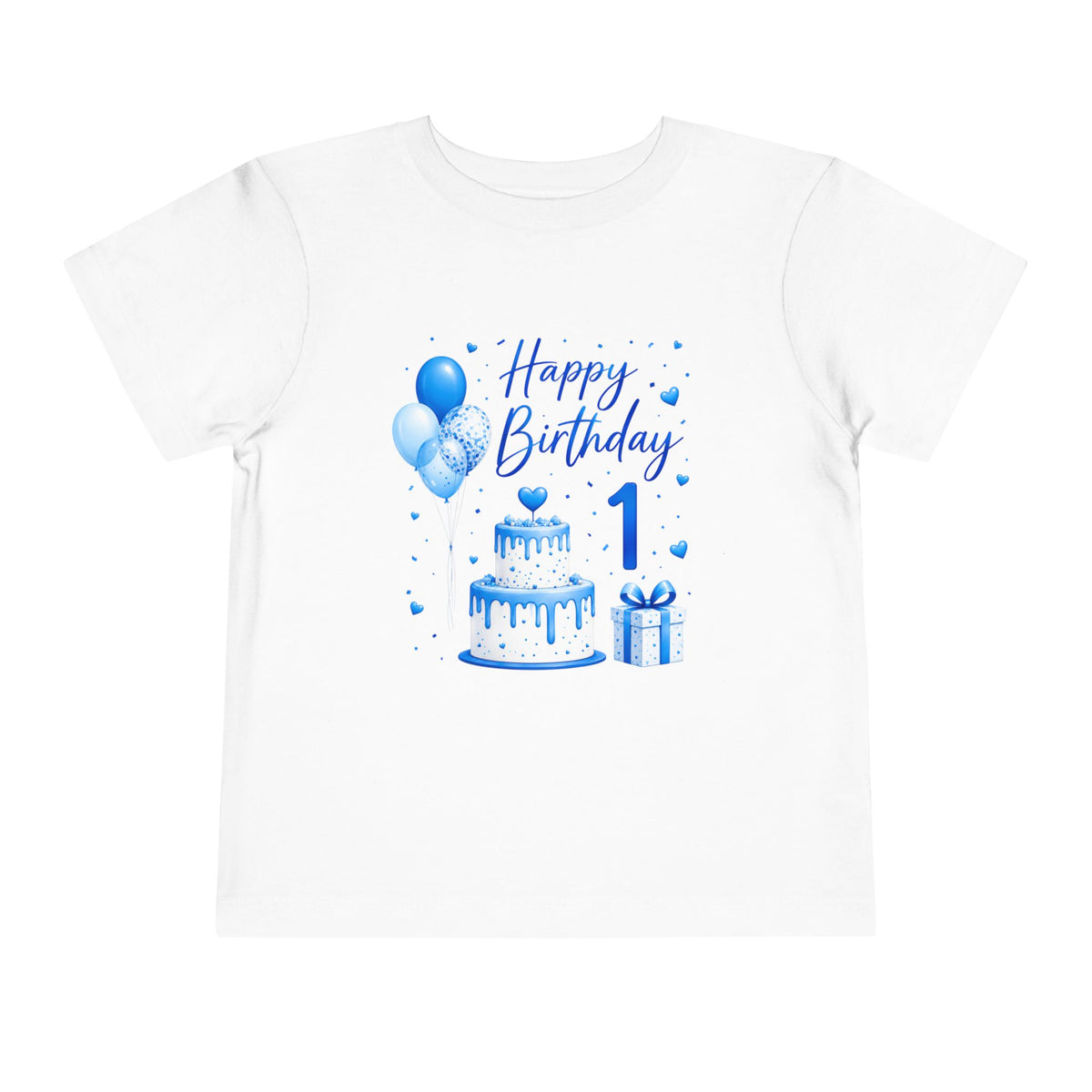 1st Birthday Toddler Tee – Blue Cake, Balloons & Gift Design