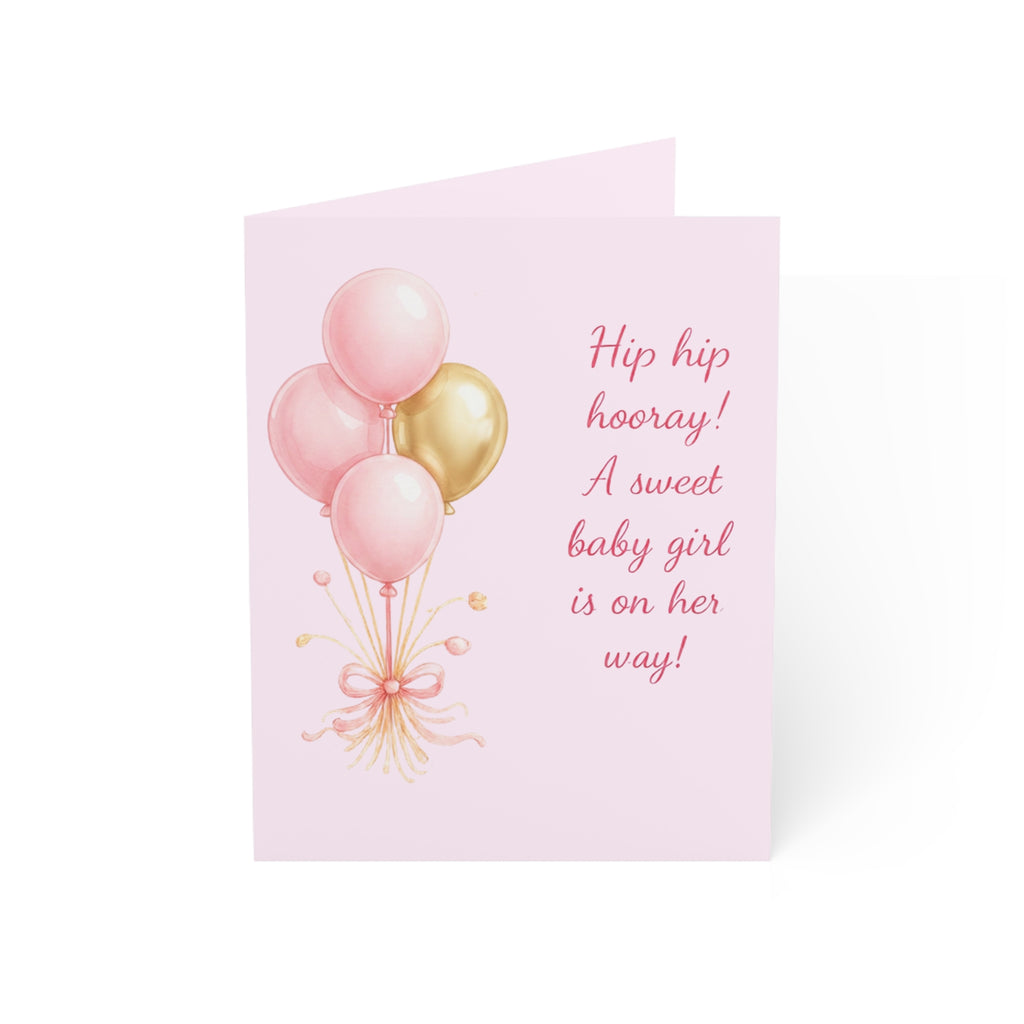 Baby Shower Greeting Card — "Hip hip hooray! A sweet baby girl is on her way!" (Pink Balloon Pack)