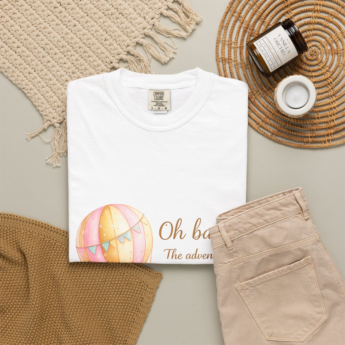 Baby Shower T-Shirt — “Oh baby! The adventure is about to begin!” Hot Air Balloon Design