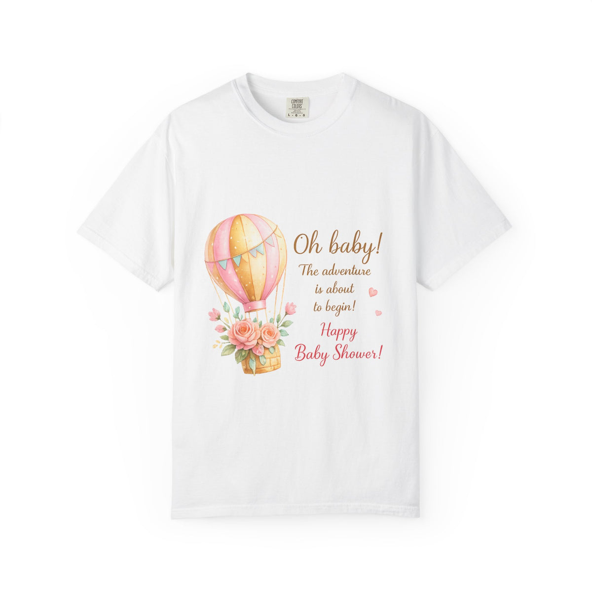 Baby Shower T-Shirt — “Oh baby! The adventure is about to begin!” Hot Air Balloon Design