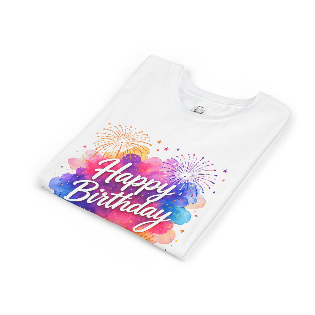 Youth Tee - Colorful 'Happy Birthday' Watercolor Fireworks Design