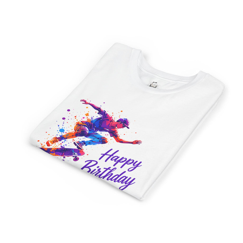 Youth Skateboard Birthday Tee – Colorful Action 'Happy Birthday' Shirt