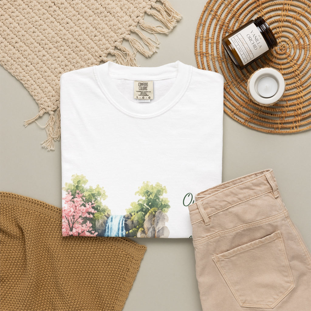Waterfall Love T-Shirt — “Our love keeps flowing stronger every year” Romantic Nature Graphic Tee