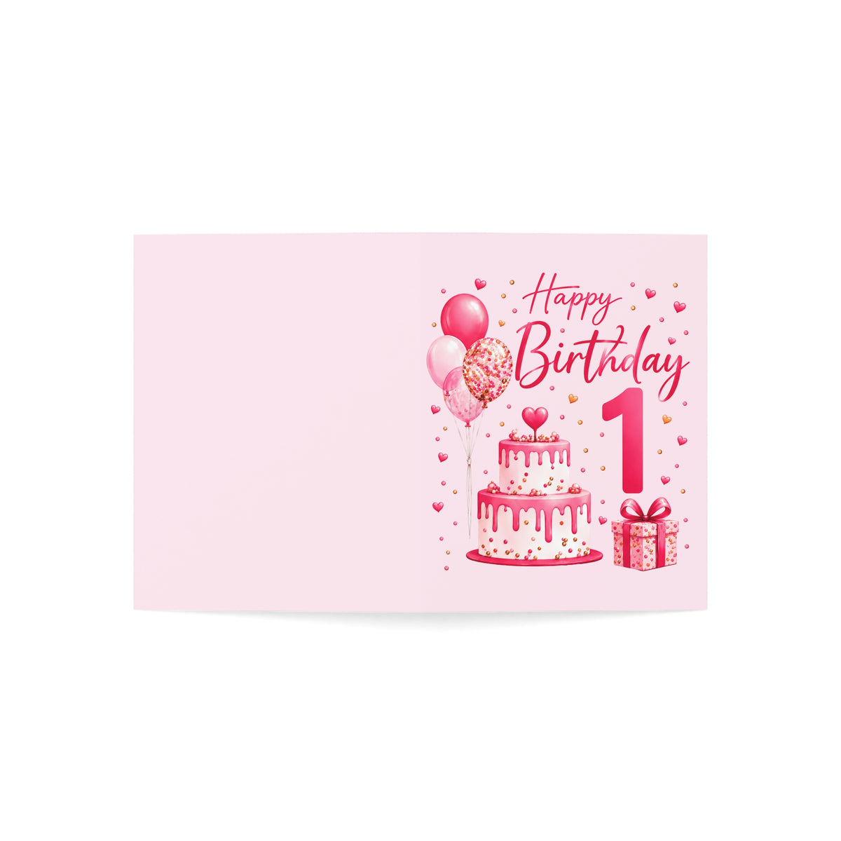 1st Birthday Greeting Card – Pink Cake, Balloons & Gift (Single or Bulk Packs)