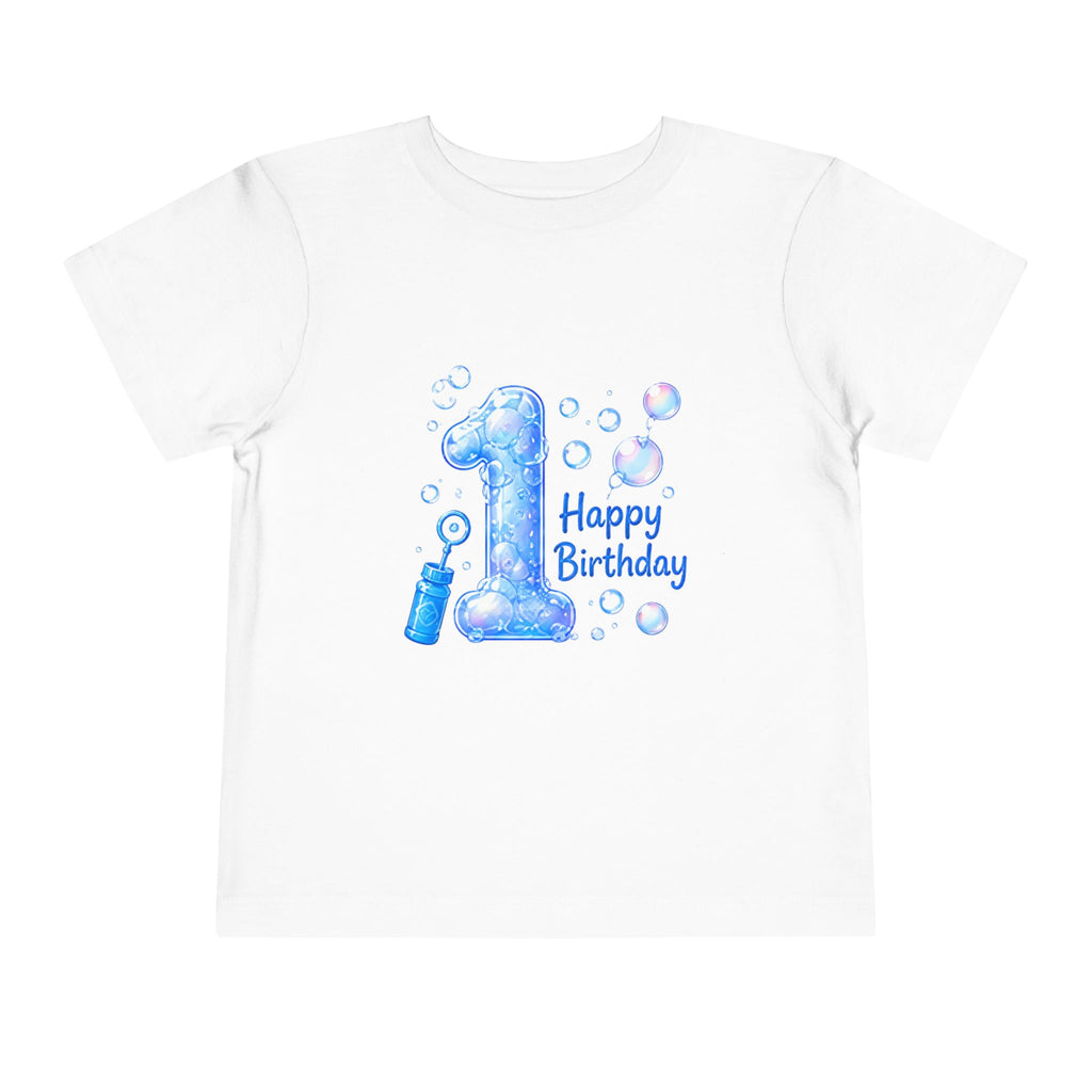 1st Birthday Toddler Tee – Blue Bubble 'Happy Birthday'