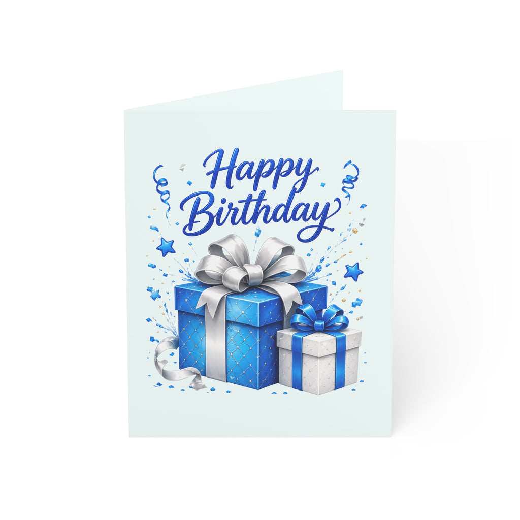Birthday Greeting Card – Blue Presents "Happy Birthday" (Single or Bulk 1/10/30/50 pcs)
