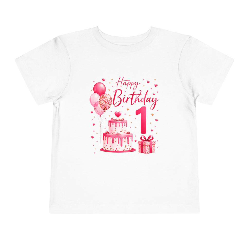 1st Birthday Toddler Tee – Pink Cake, Balloons & Gift Design