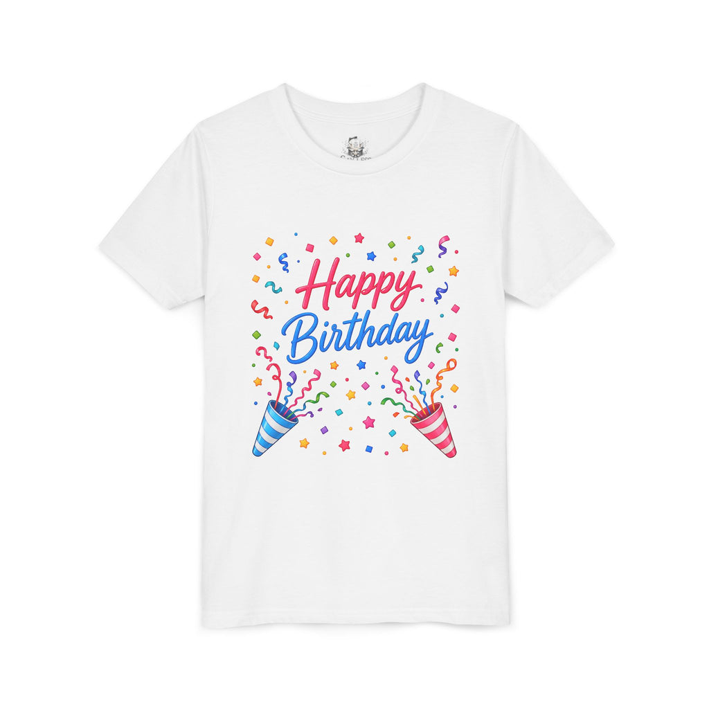Happy Birthday Youth Tee — Colorful Confetti Party Shirt for Kids