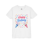Happy Birthday Youth Tee — Colorful Confetti Party Shirt for Kids
