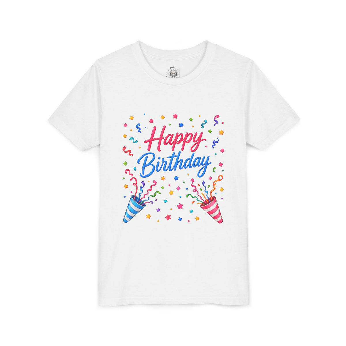 Happy Birthday Youth Tee — Colorful Confetti Party Shirt for Kids