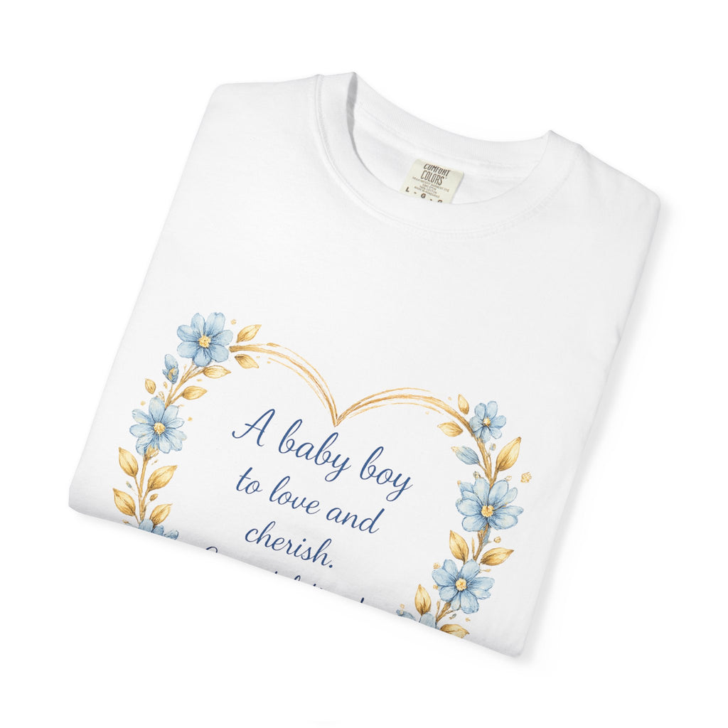 Baby Shower T-Shirt — "A baby boy to love and cherish" Floral Heart Tee