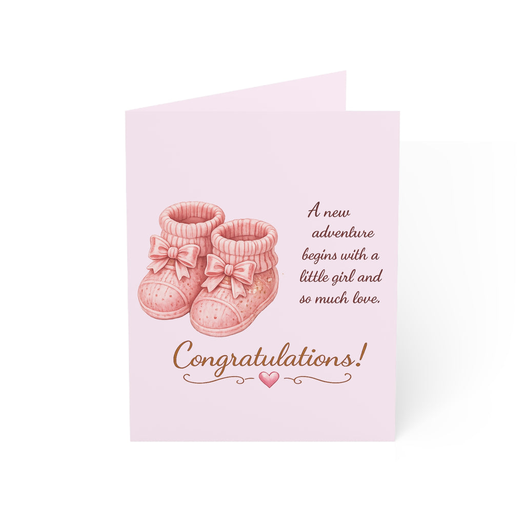 New Baby Girl Congratulations Card — Pink Booties Greeting Card (Pack of 1/10/30/50)