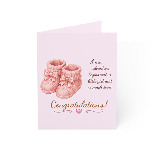 New Baby Girl Congratulations Card — Pink Booties Greeting Card (Pack of 1/10/30/50)