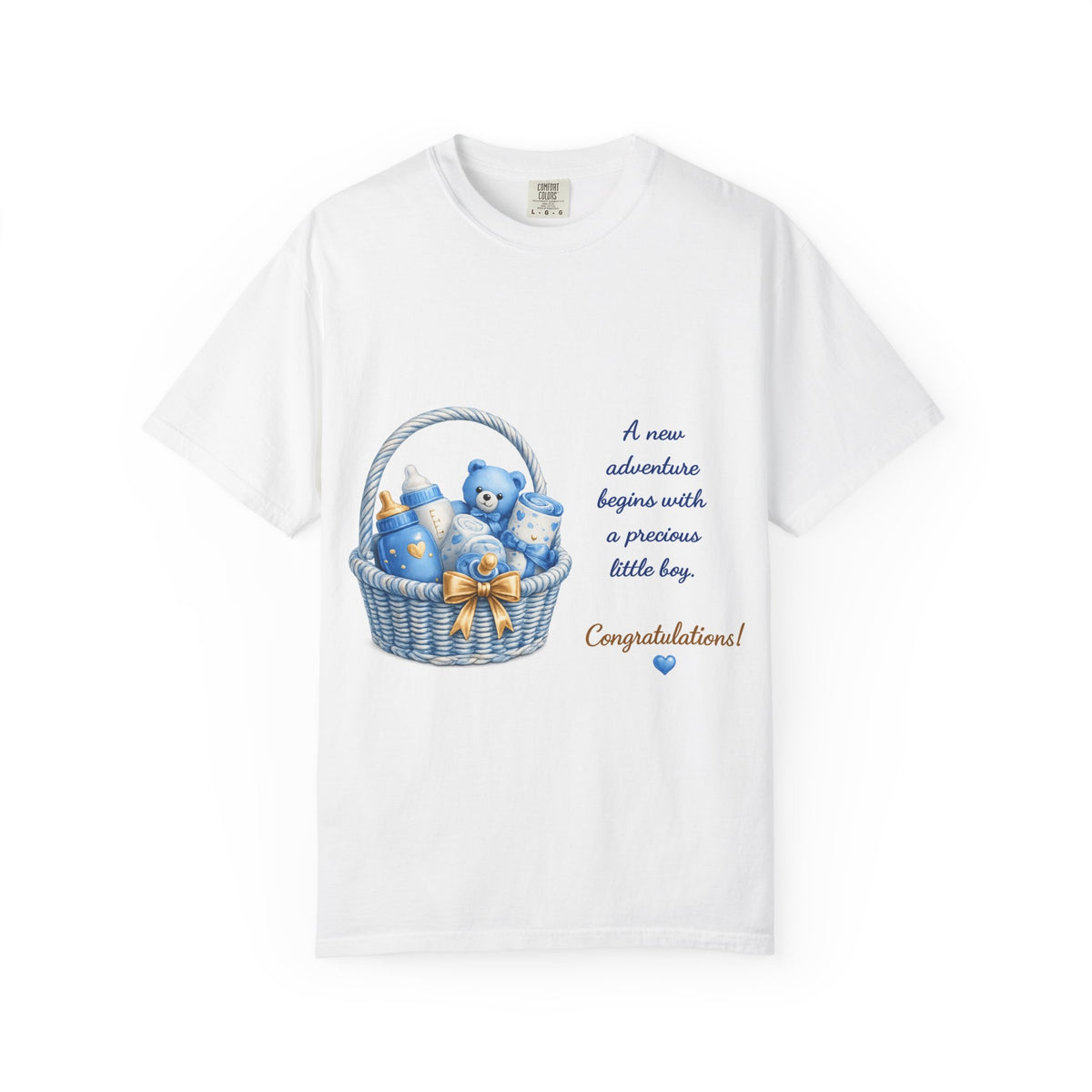 Baby Boy Congratulations T-Shirt — "A new adventure begins with a precious little boy"