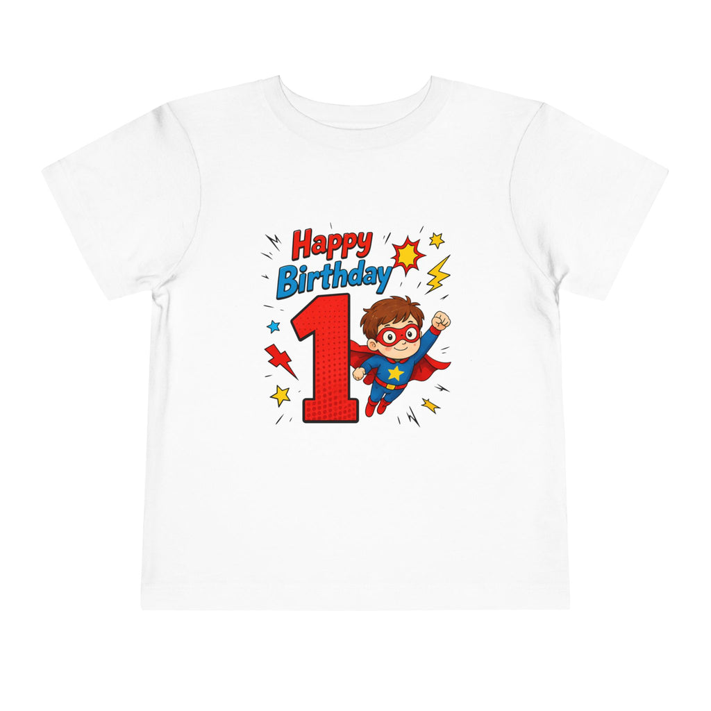 Superhero 1st Birthday Toddler Tee — "Happy Birthday"