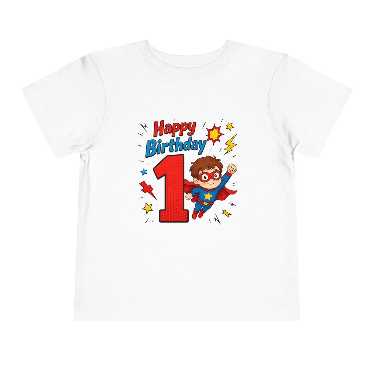Superhero 1st Birthday Toddler Tee — "Happy Birthday"