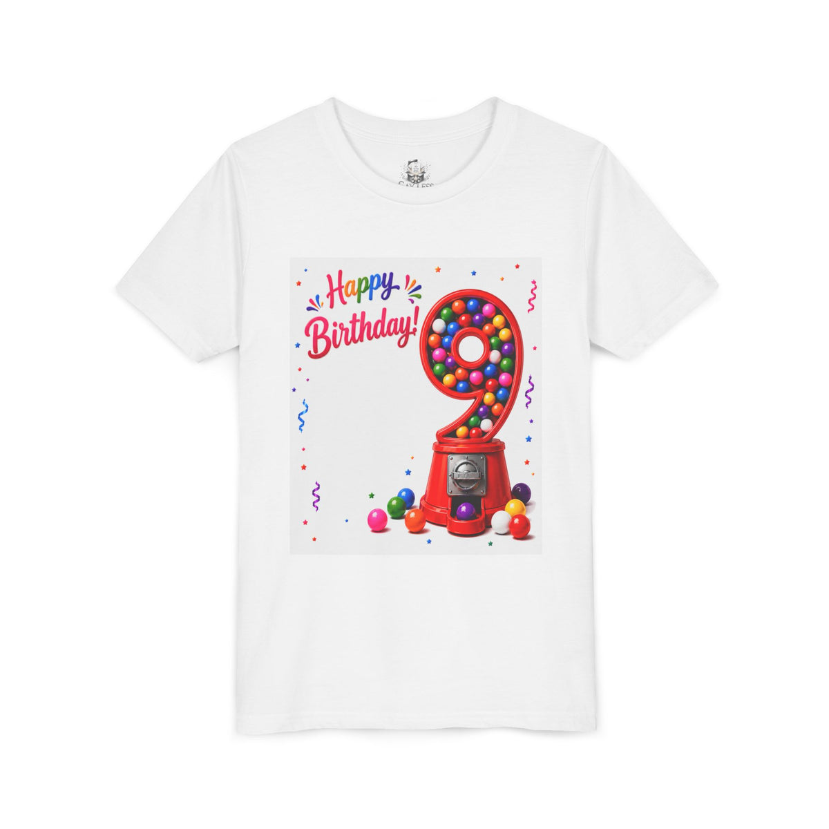 Kids' 9th Birthday T-Shirt — 'Happy Birthday' Gumball Machine Design