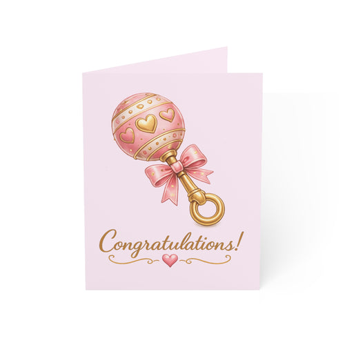 Baby Rattle Congratulations Greeting Card — Pink New Baby Card (1/10/30/50 pcs)