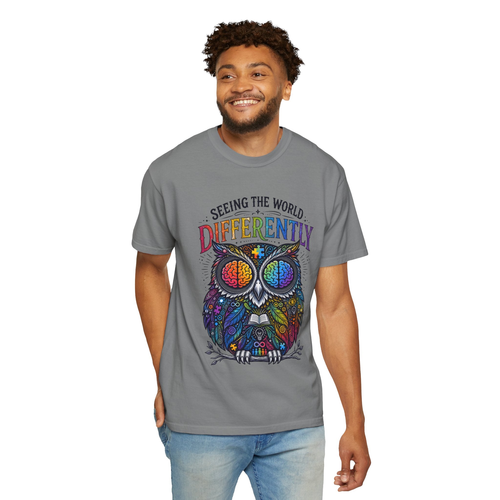 Seeing the World Differently Owl T-Shirt — Colorful Psychedelic Autism Awareness Tee