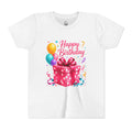 Youth Tee — "Happy Birthday" Pink Gift Box & Balloons Kids Birthday Shirt