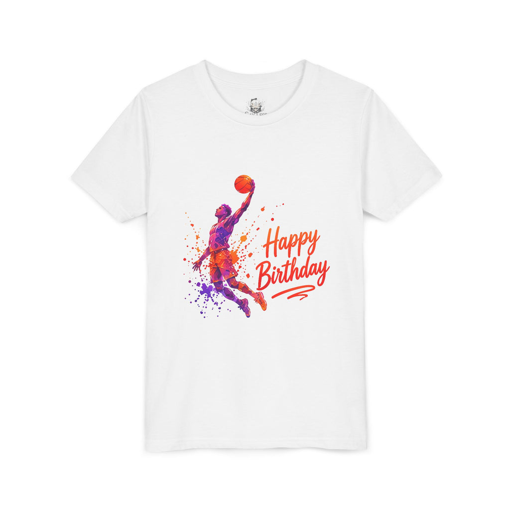 Youth Basketball Birthday Tee - Colorful Dunk Silhouette "Happy Birthday"