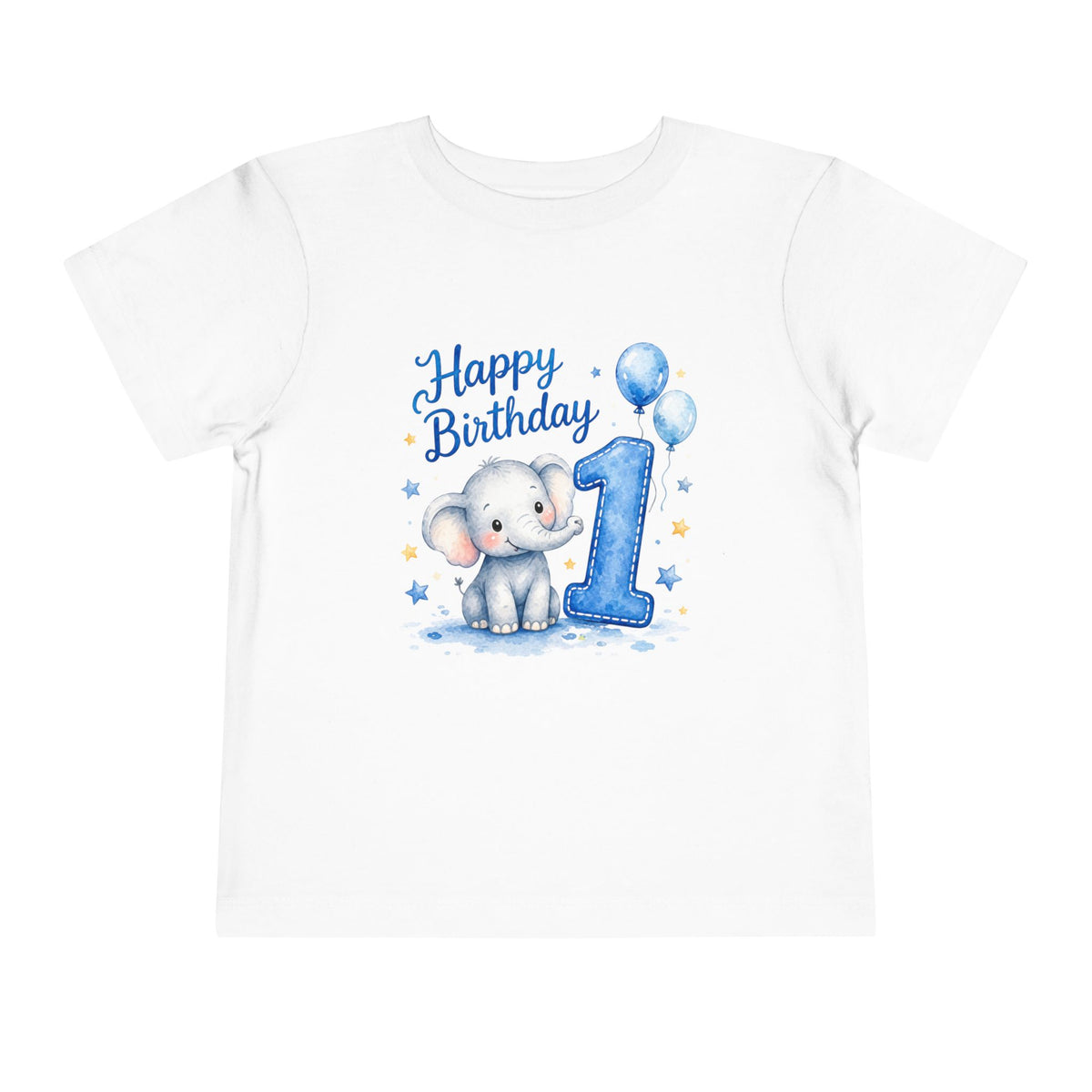 1st Birthday Elephant Toddler Tee — "Happy Birthday 1" Blue Balloon Shirt