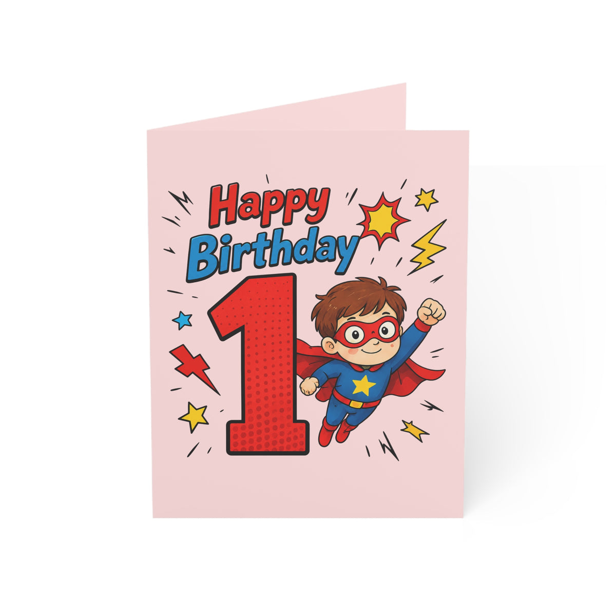 1st Birthday Superhero Greeting Card – Cute Boy Comic Design (1/10/30/50 pcs)