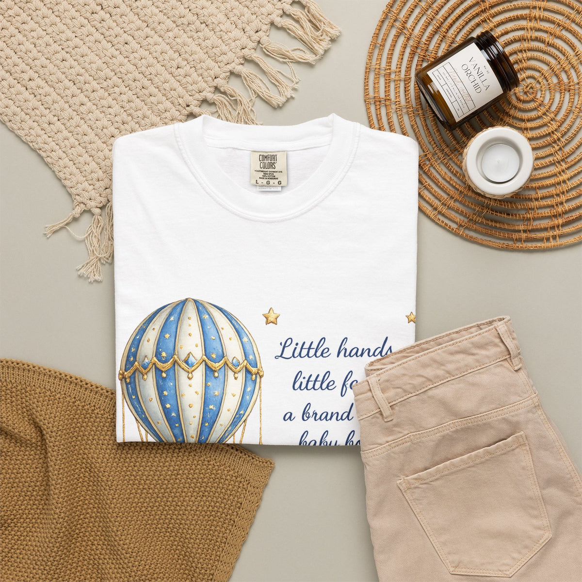 Baby Boy Congratulations T-Shirt — Hot Air Balloon Teddy "Little hands, little feet…"
