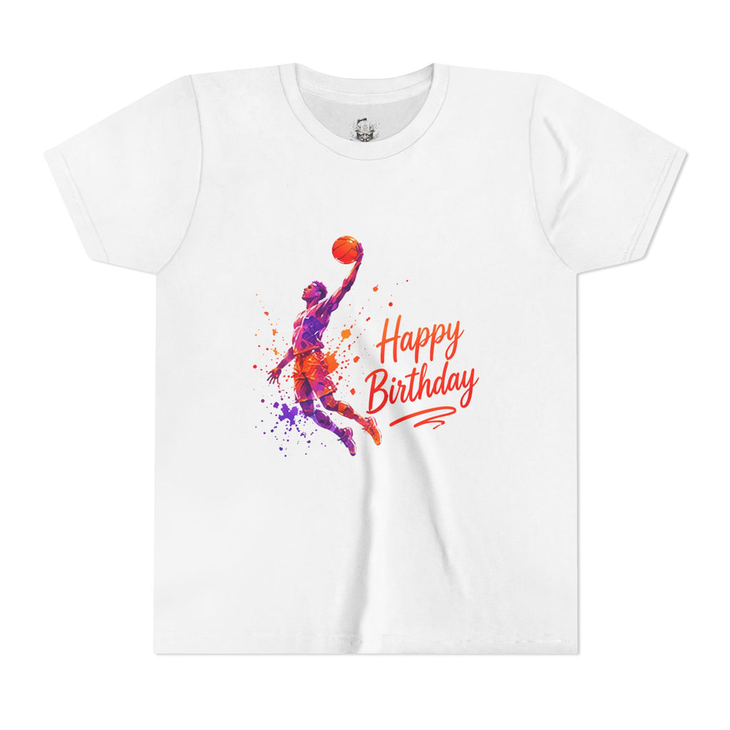 Youth Basketball Birthday Tee - Colorful Dunk Silhouette "Happy Birthday"