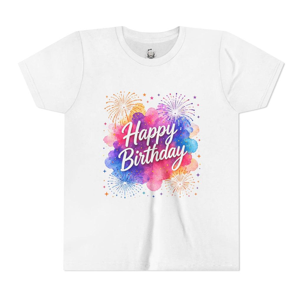 Youth Tee - Colorful 'Happy Birthday' Watercolor Fireworks Design