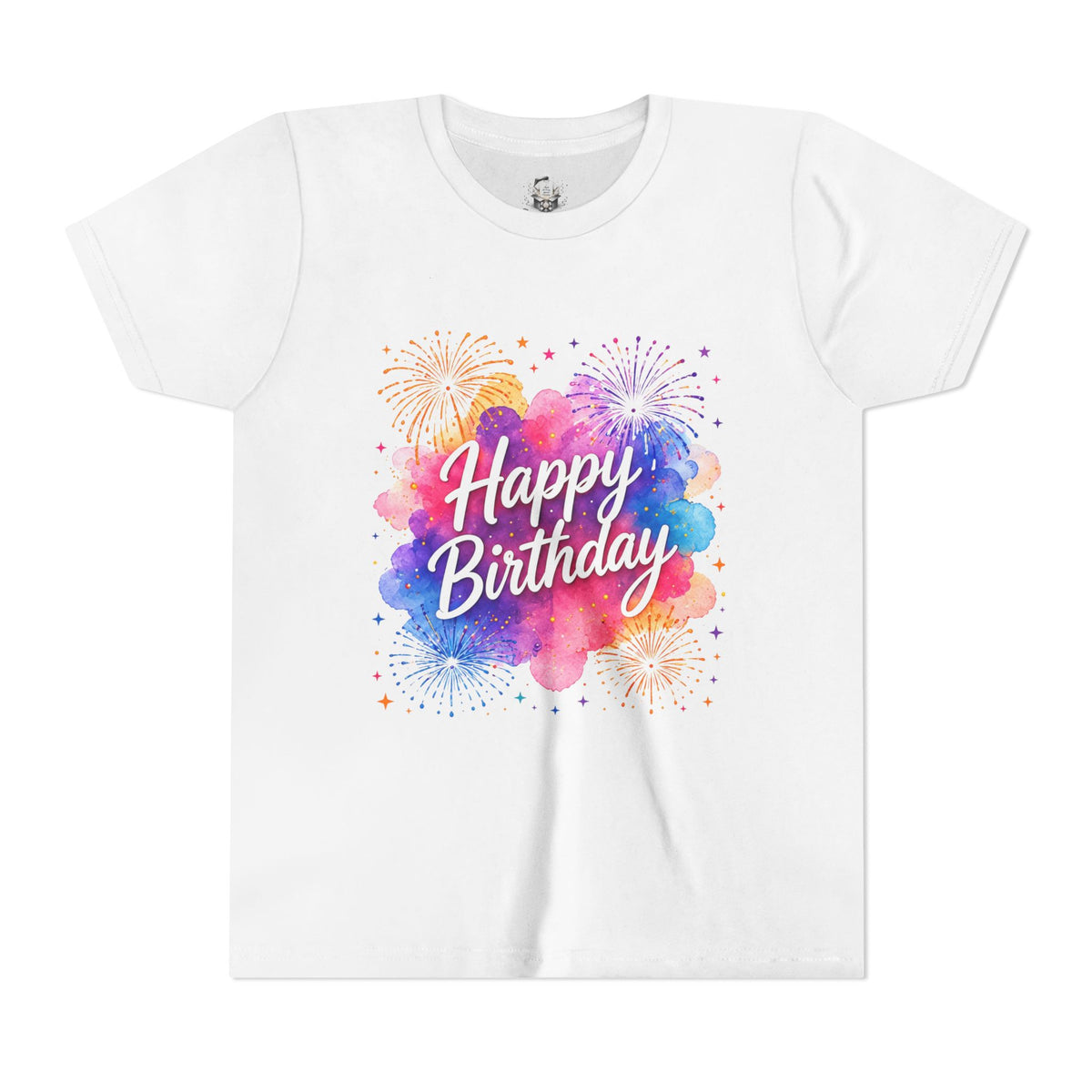 Youth Tee - Colorful 'Happy Birthday' Watercolor Fireworks Design
