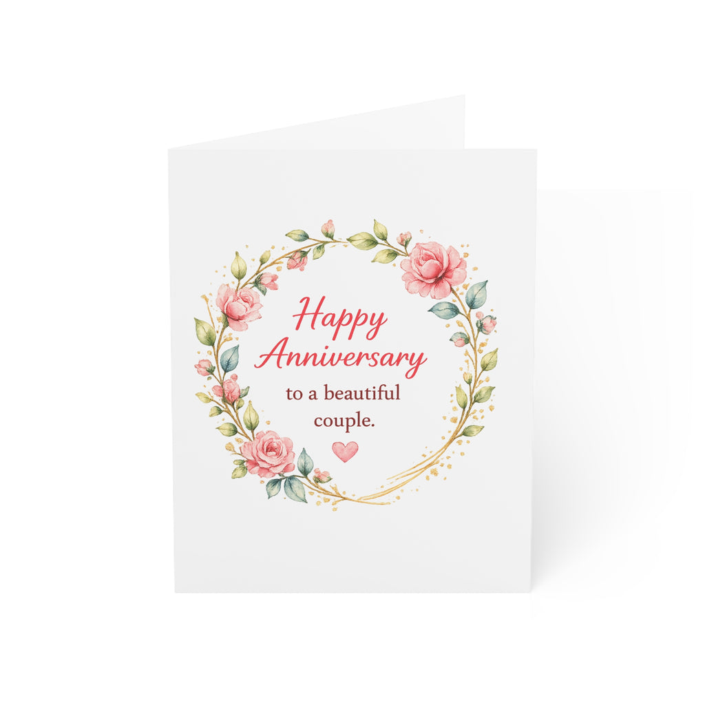 Anniversary Greeting Card – “Happy Anniversary to a Beautiful Couple” Floral Wreath (Single or Pack)