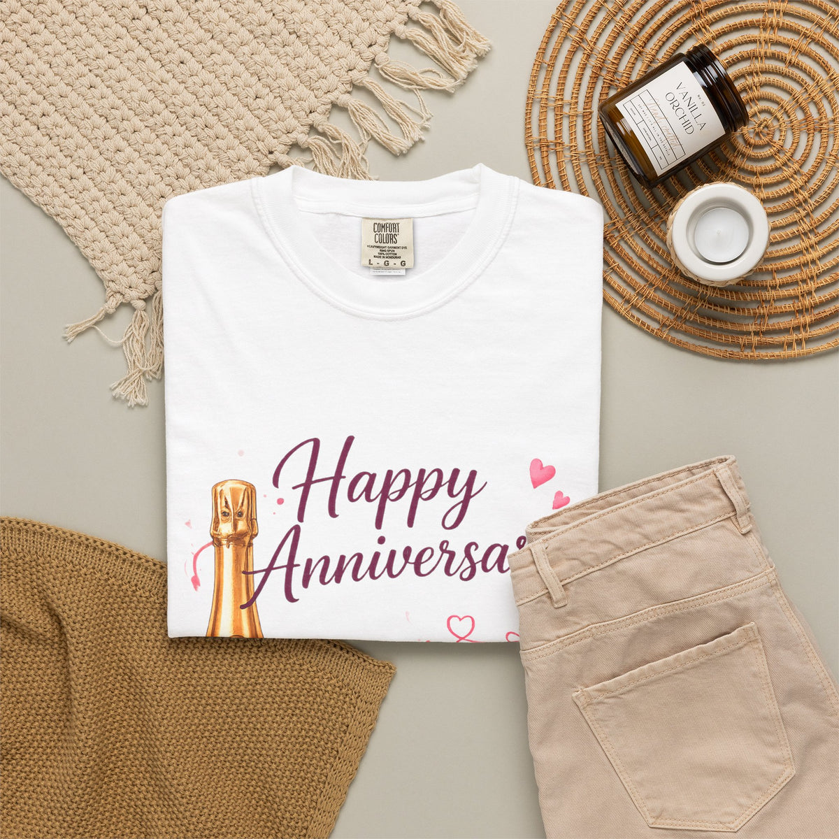 Anniversary Champagne T-Shirt — "Happy Anniversary" Floral Heart Design