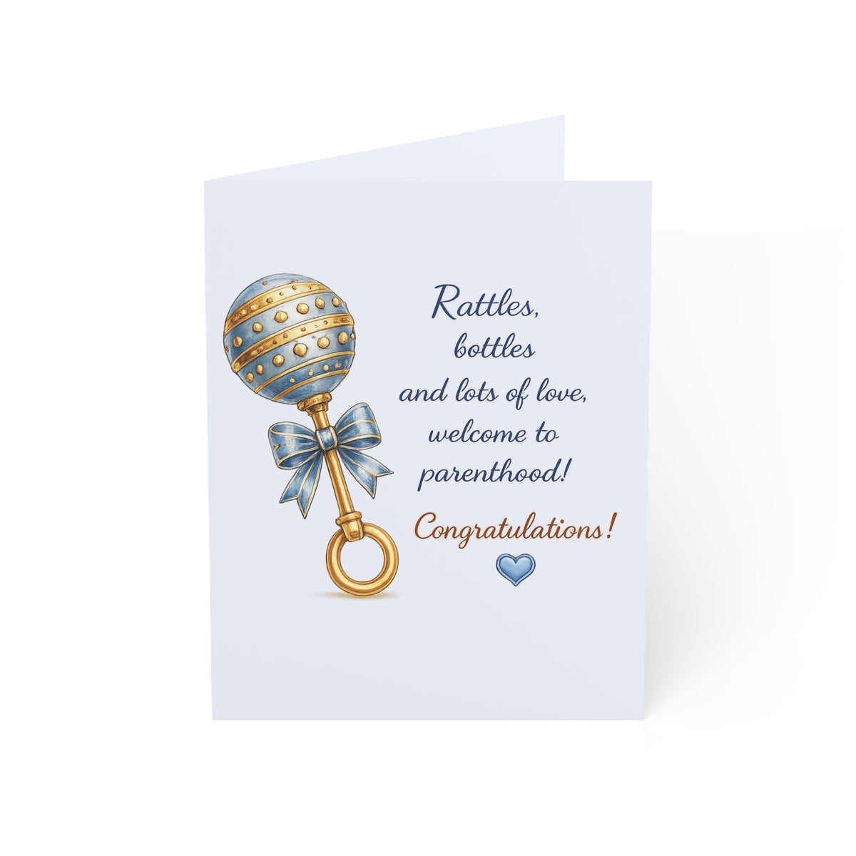 New Baby Card — "Rattles, bottles and lots of love, welcome to parenthood!" (Blank Inside)