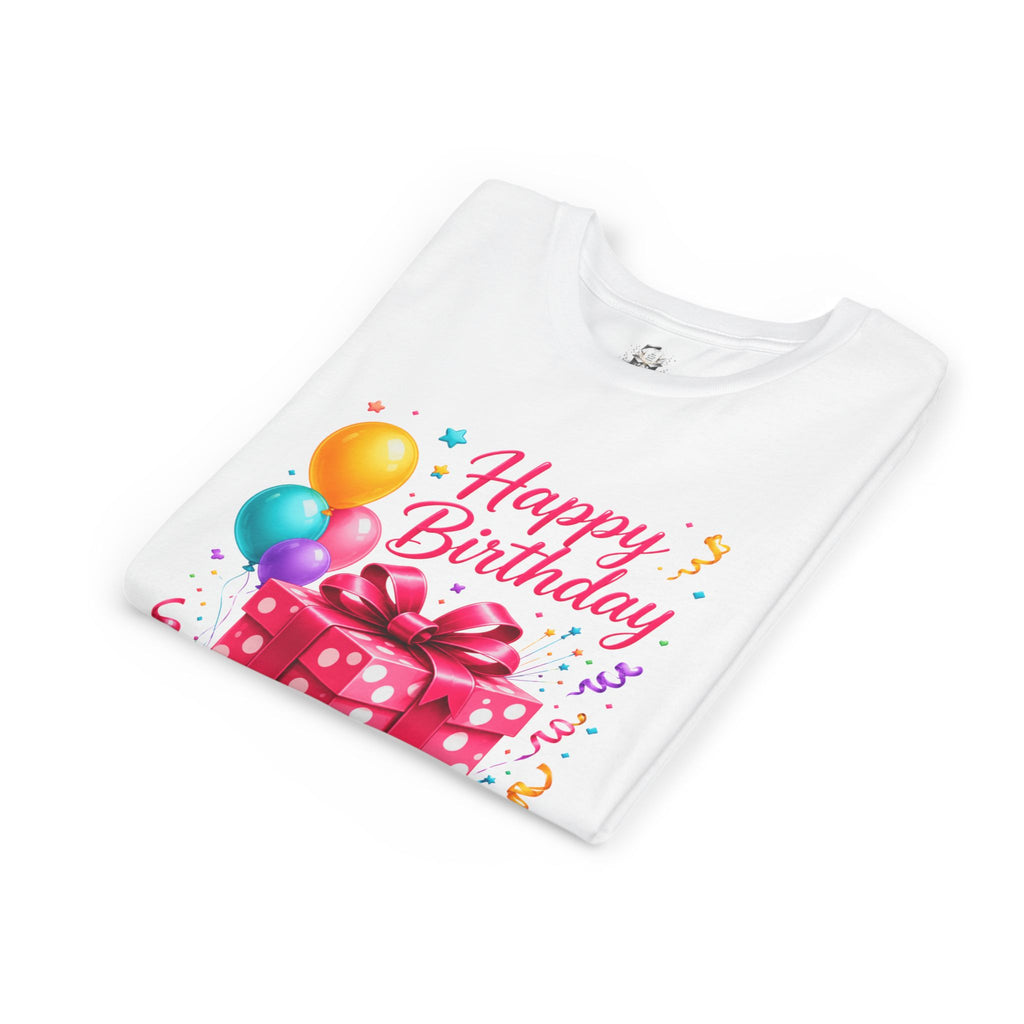 Youth Tee — "Happy Birthday" Pink Gift Box & Balloons Kids Birthday Shirt