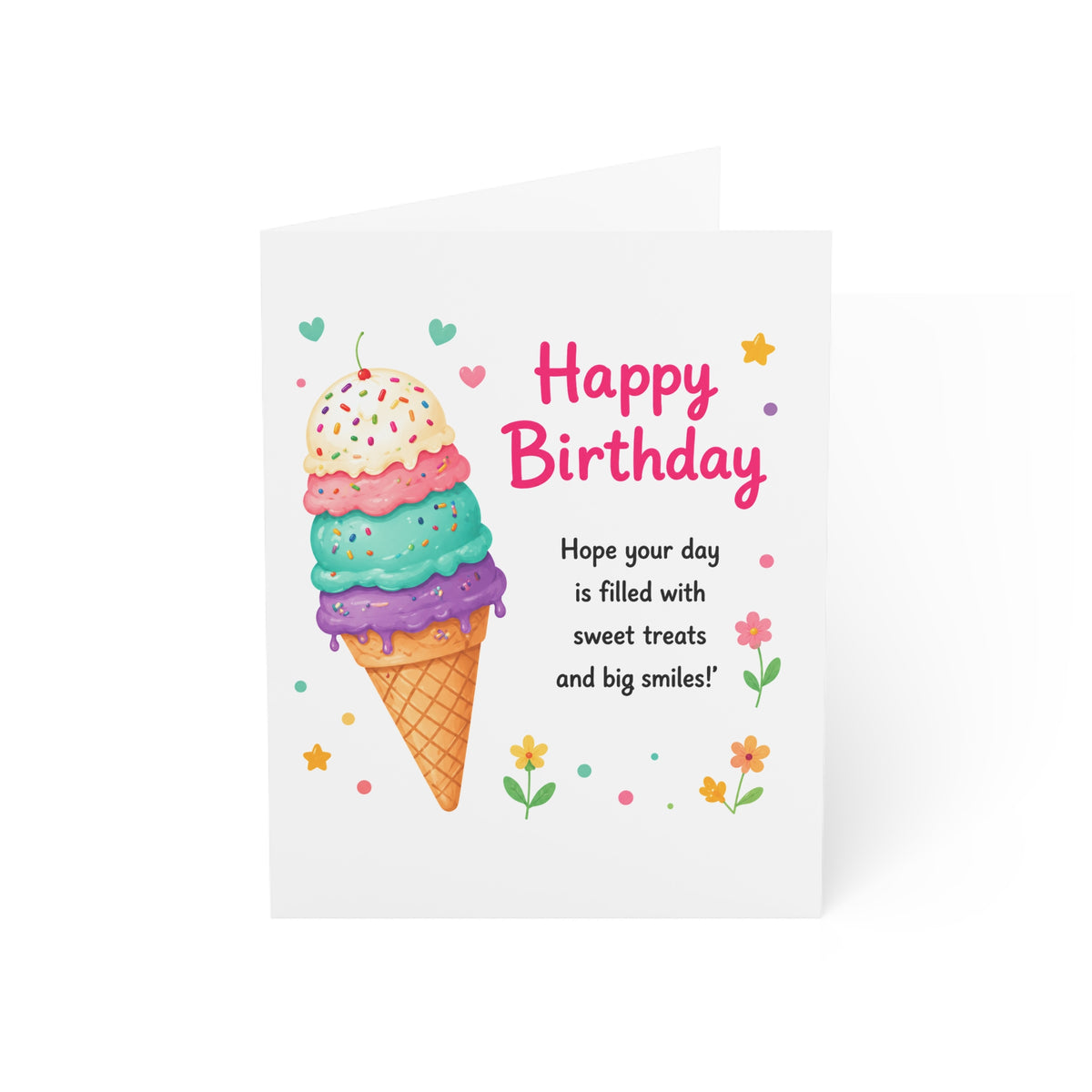 Birthday Greeting Card — Cute Ice Cream Cone "Happy Birthday" (1/10/30/50 Pack)