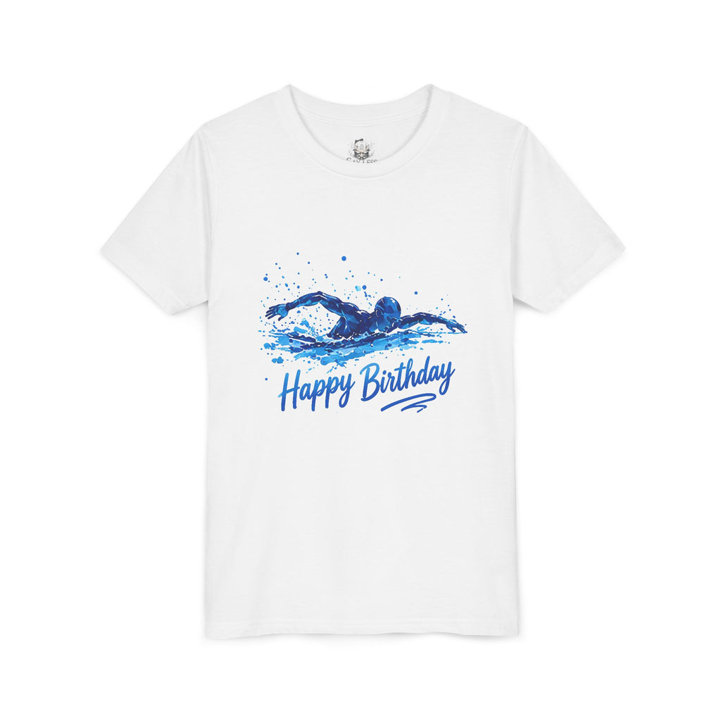Youth Swim Birthday Tee – Blue Swimmer 'Happy Birthday' Graphic