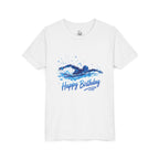 Youth Swim Birthday Tee – Blue Swimmer 'Happy Birthday' Graphic