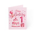 1st Birthday Greeting Card – Pink Cake, Balloons & Gift (Single or Bulk Packs)