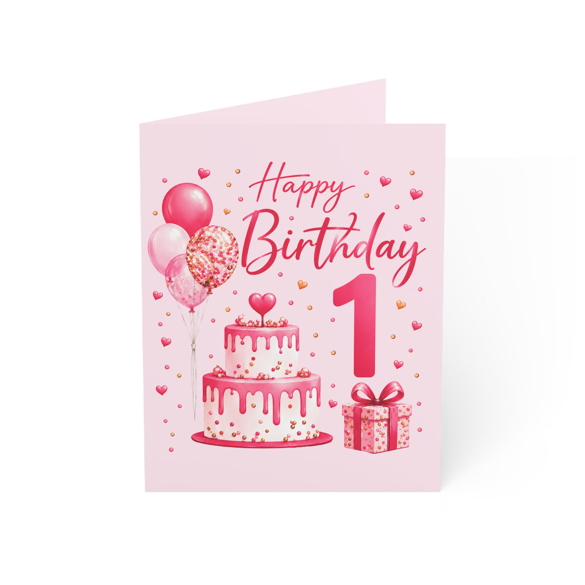 1st Birthday Greeting Card – Pink Cake, Balloons & Gift (Single or Bulk Packs)