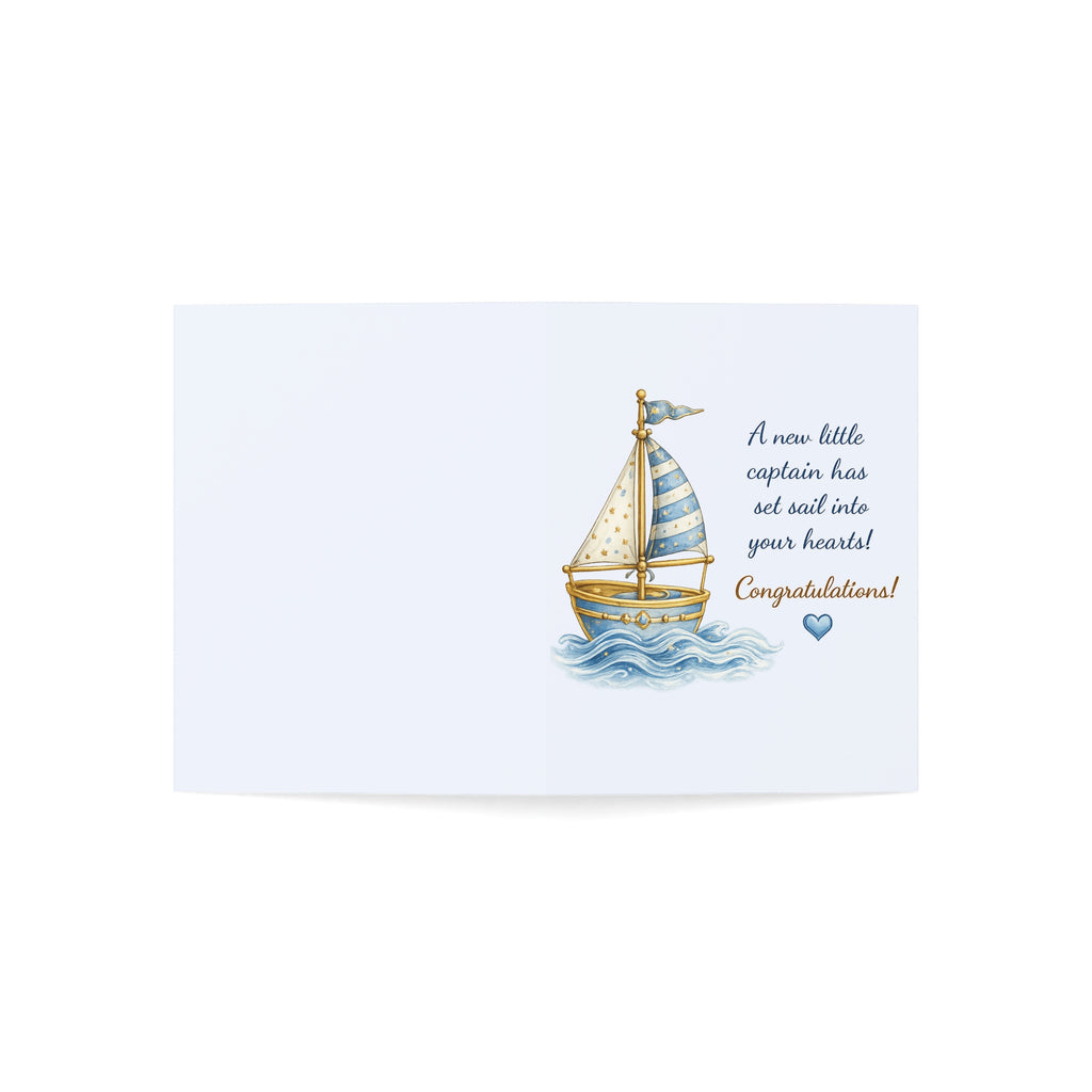 Nautical Baby Boy Greeting Card — "A new little captain has set sail into your hearts!" (Pack of 1, 10, 30, 50)