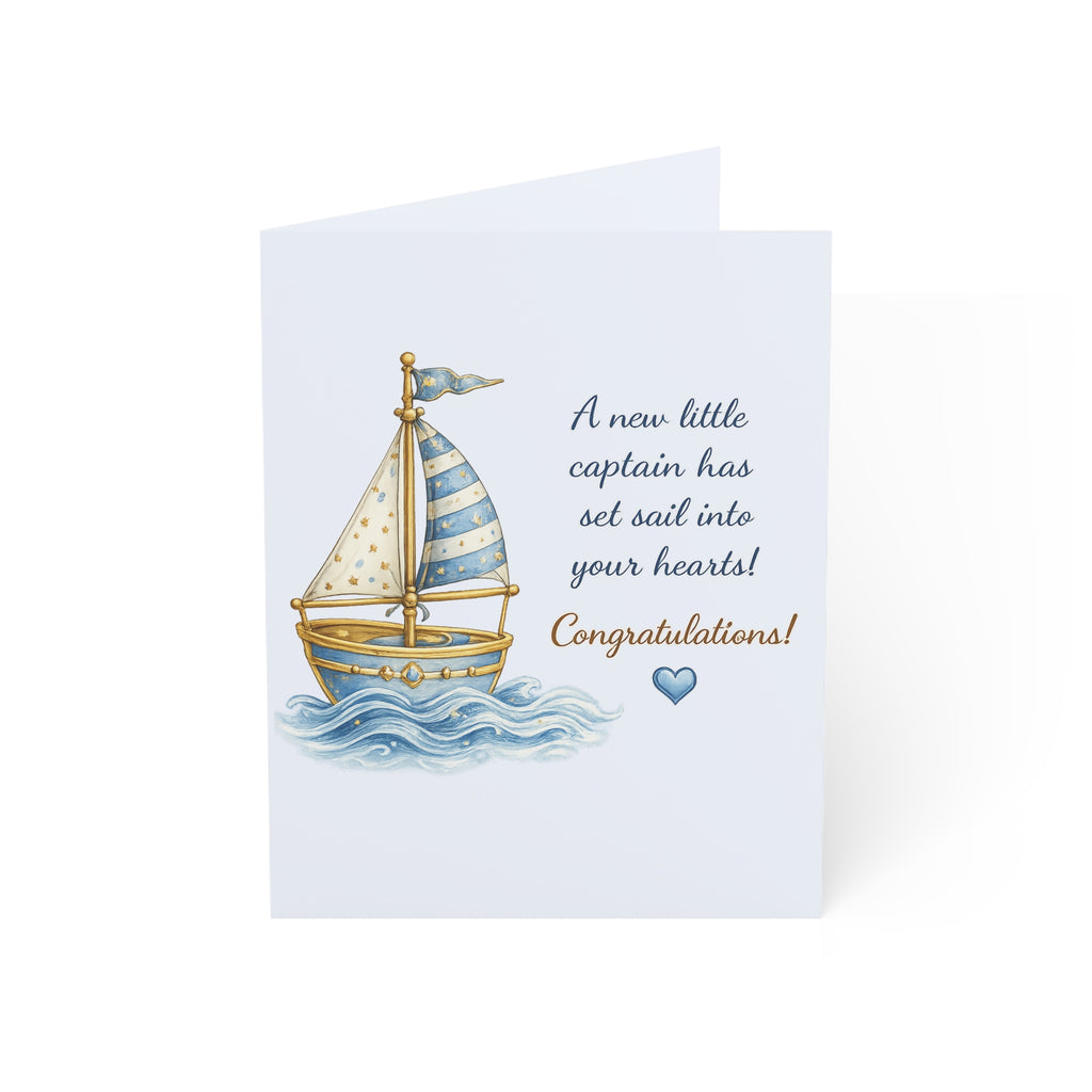 Nautical Baby Boy Greeting Card — "A new little captain has set sail into your hearts!" (Pack of 1, 10, 30, 50)