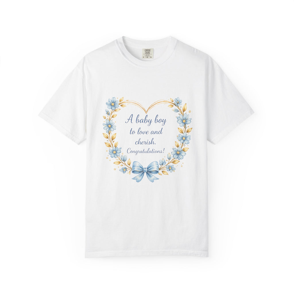 Baby Shower T-Shirt — "A baby boy to love and cherish" Floral Heart Tee