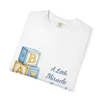 Baby Announcement T-Shirt — "A Little Miracle on the Way" Blue Blocks