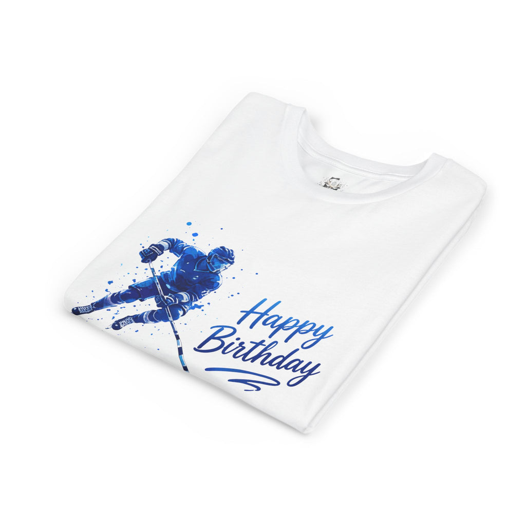 Youth Hockey 'Happy Birthday' T-Shirt – Blue Ice Hockey Player Graphic