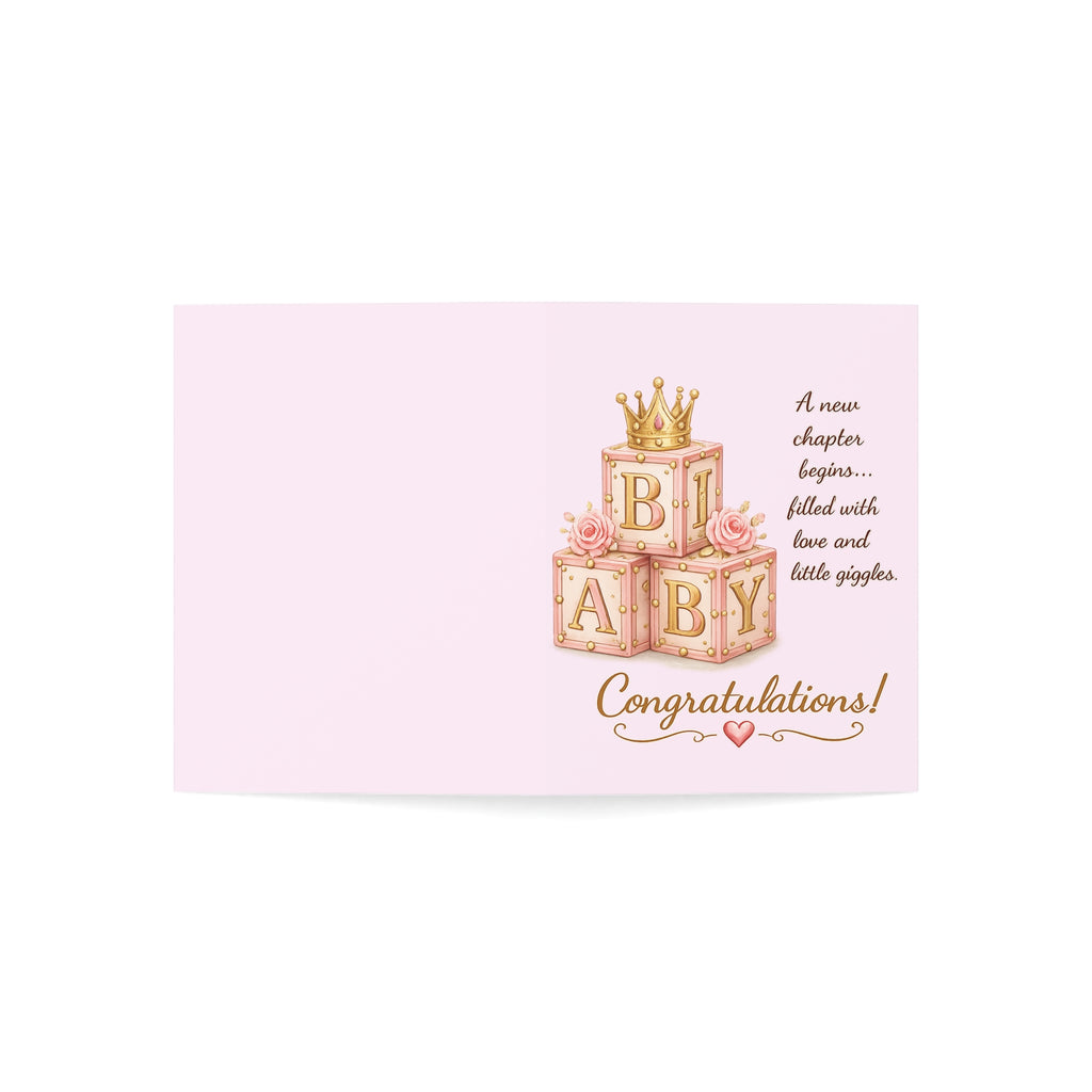 Baby Congratulations Card — Pink Baby Blocks "A new chapter begins... filled with love and little giggles" (Newborn Shower Card)