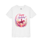 Youth Tee — 'Happy Birthday' Pink Horse Riding Watercolor