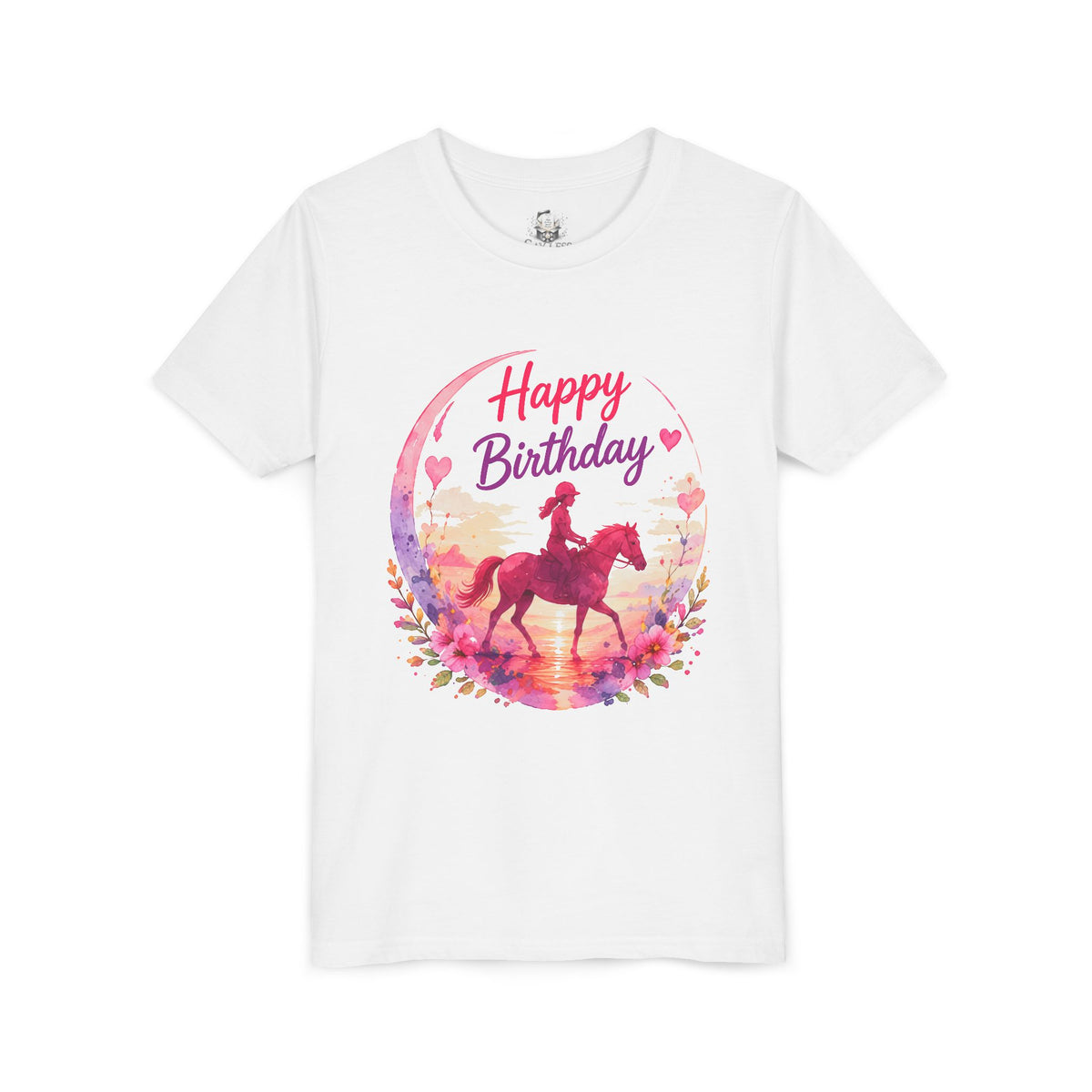Youth Tee — 'Happy Birthday' Pink Horse Riding Watercolor
