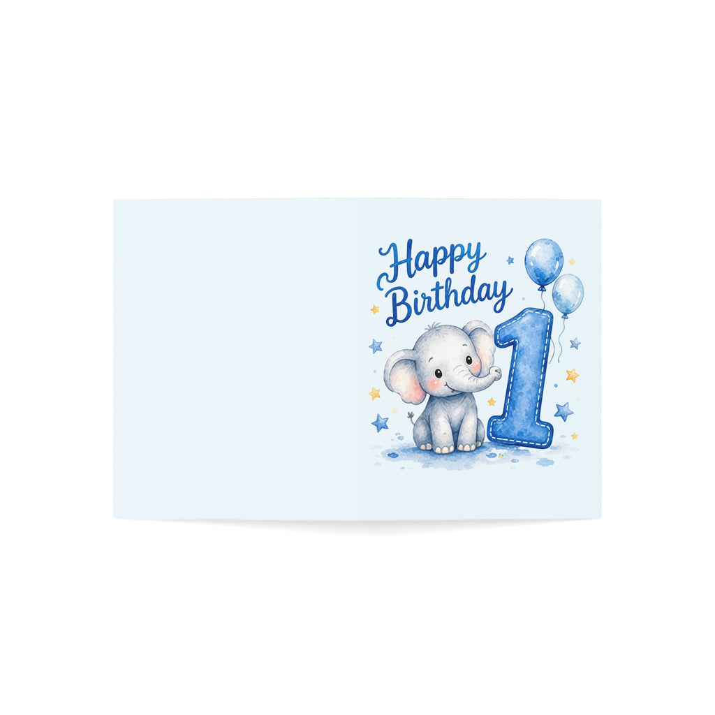 Baby 1st Birthday Greeting Card – Blue Elephant "Happy Birthday" (Single or Bulk Pack)